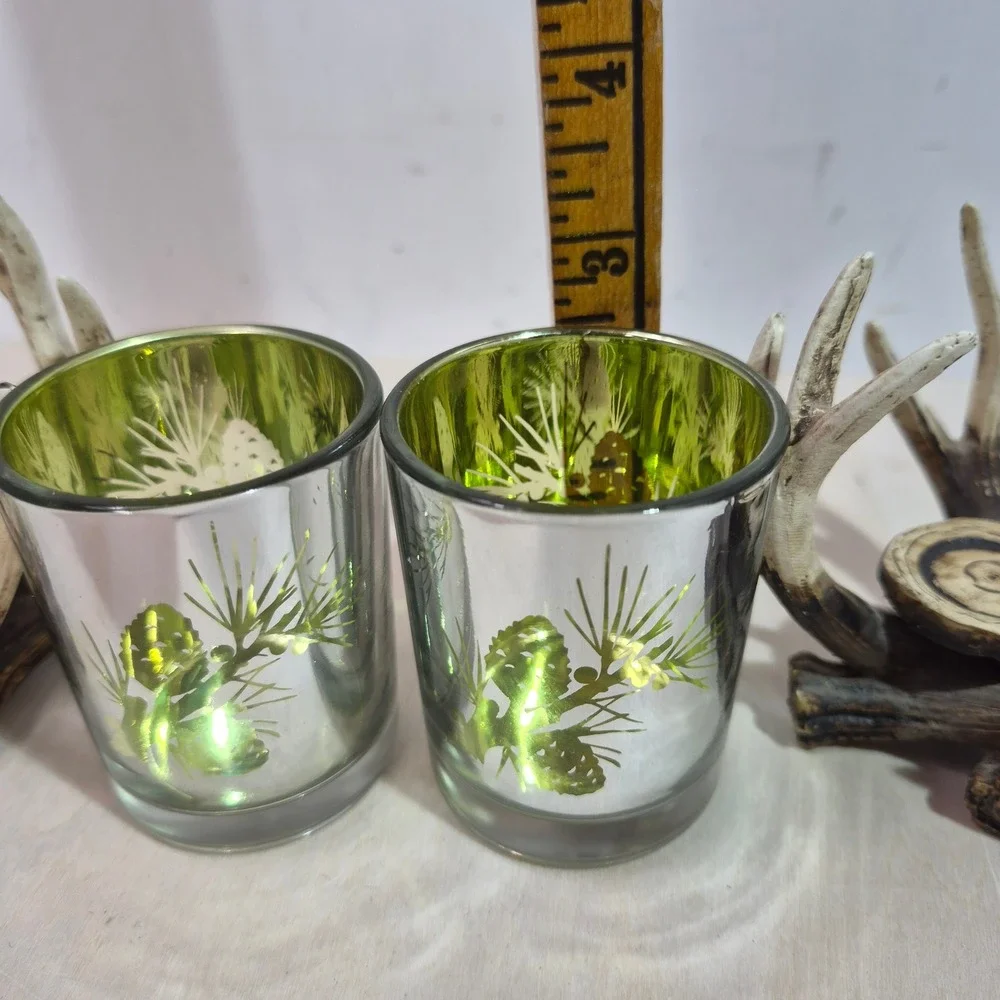 Rustic Faux Antler Votive Candle Holder Set 2 Mercury Glass Green Silver